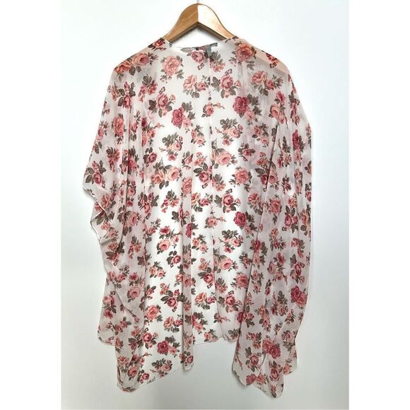 Forever 21 Kimono Robe Sheer Flowy Pink White Roses Flowers Boho size M - Picture 2 of 10